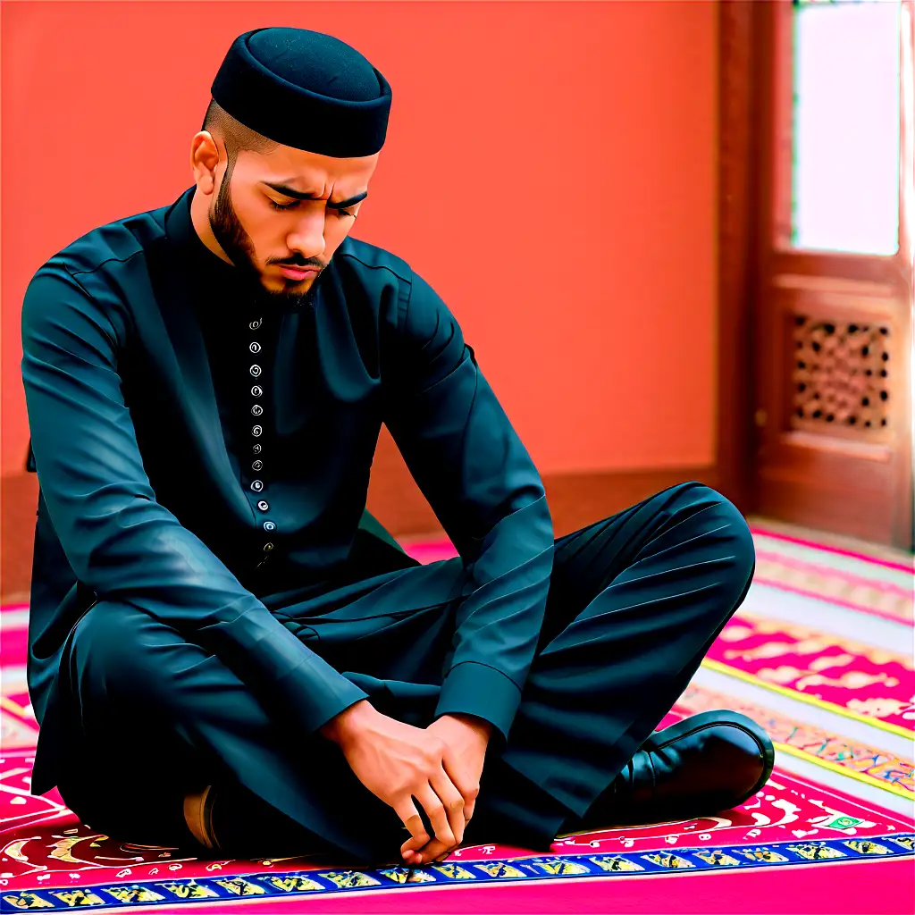 A muslim man sitting in the mosque being tired and sad