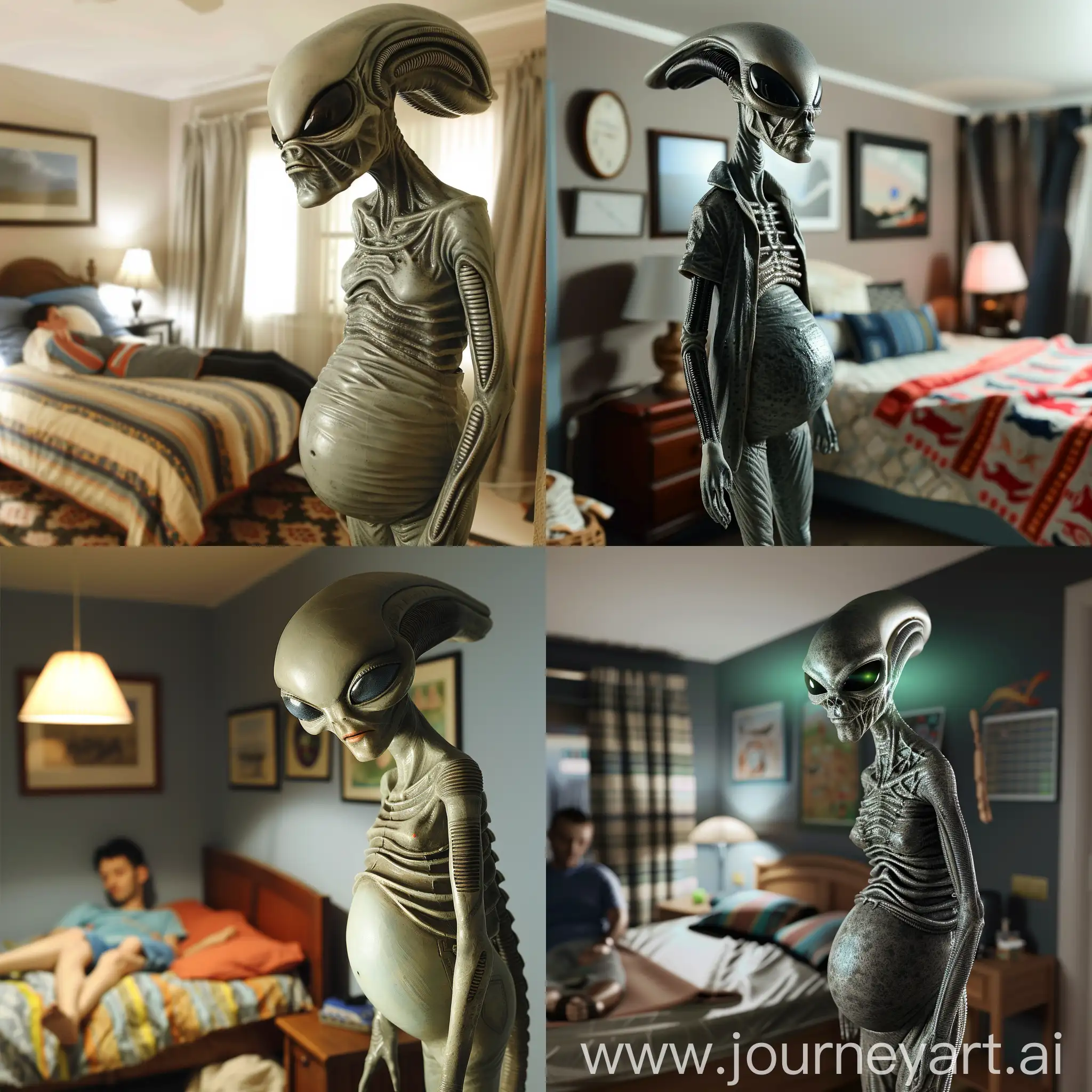 Towering-Pregnant-Alien-Observing-Human-in-Bedroom-at-Night