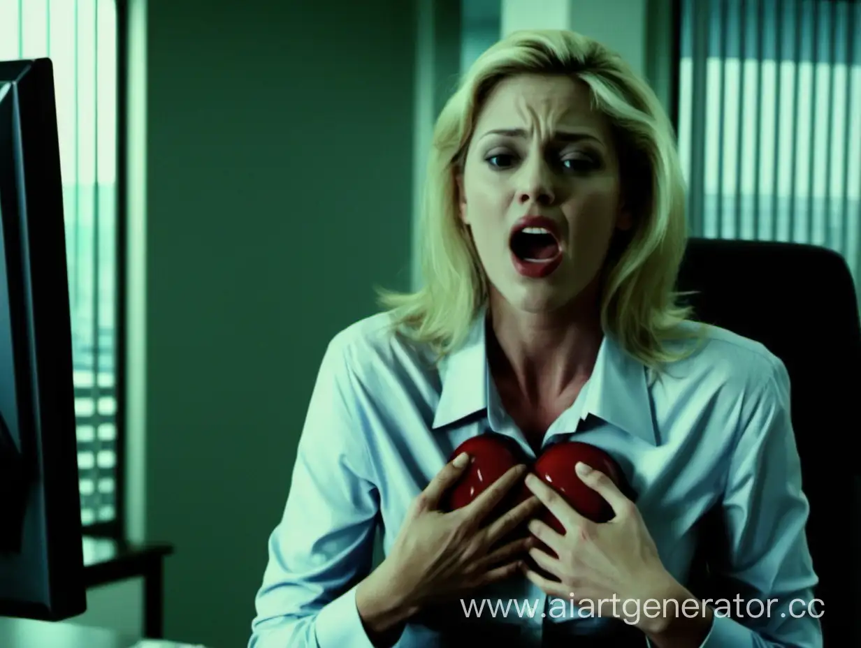 movie scene of a sensual blonde woman having a heart attack in a office