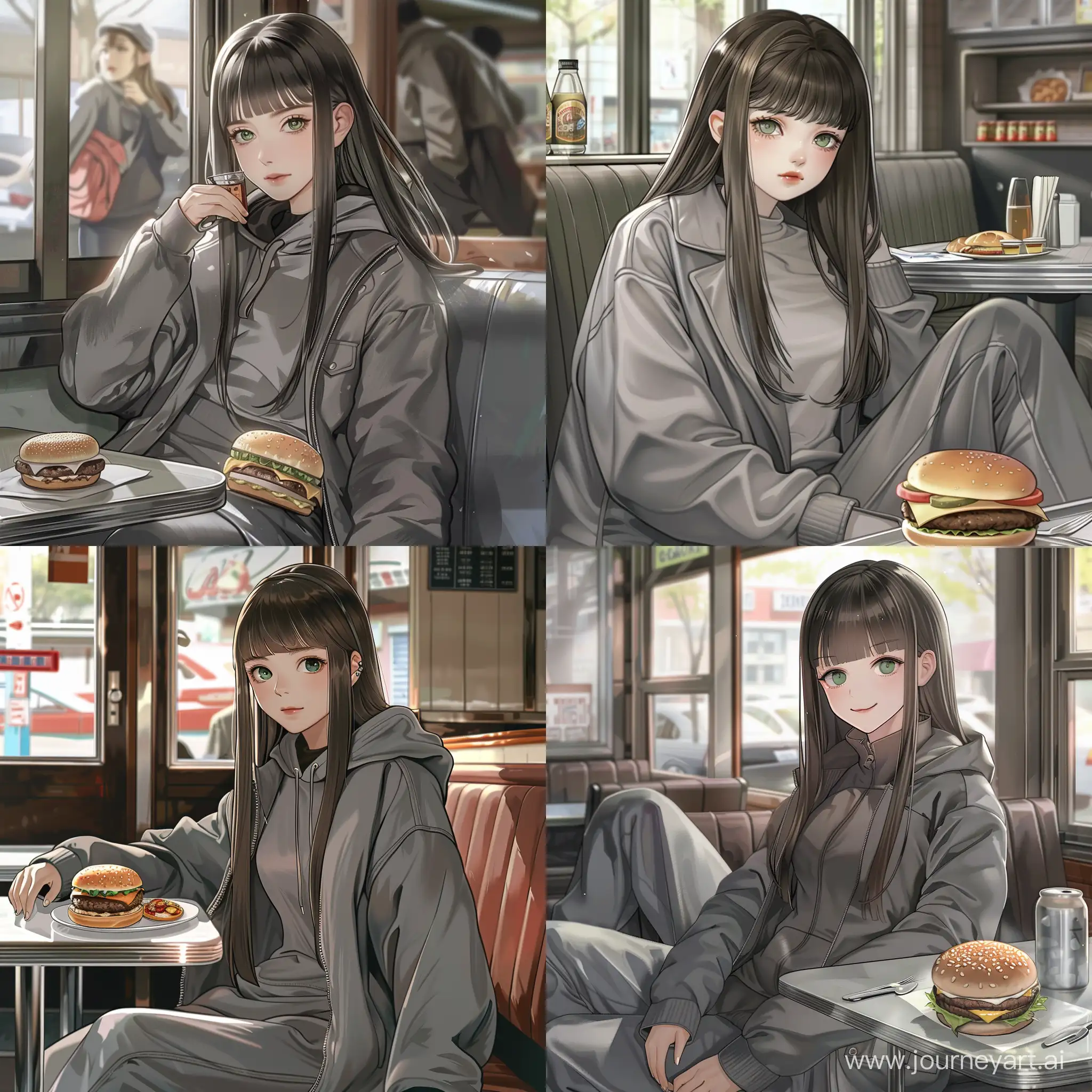Beautiful girl, straight dark brown hair, gray-green eyes, white skin, teenager, 16 years old, gray tracksuit and coat, sitting in a diner, burger on the table, high quality, high detail, cartoon art
