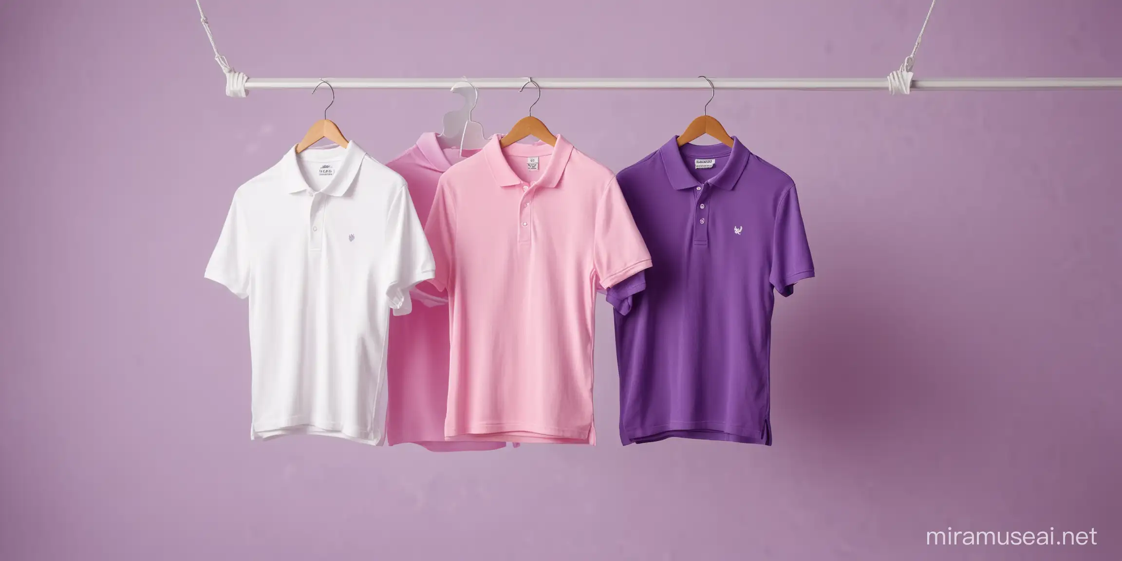 Good shaped, only 3 Polo T shirts hanging in a hanger, T Shirts color, first pink , second purple and third one is white , summer theme blurred background , with some leaf elements