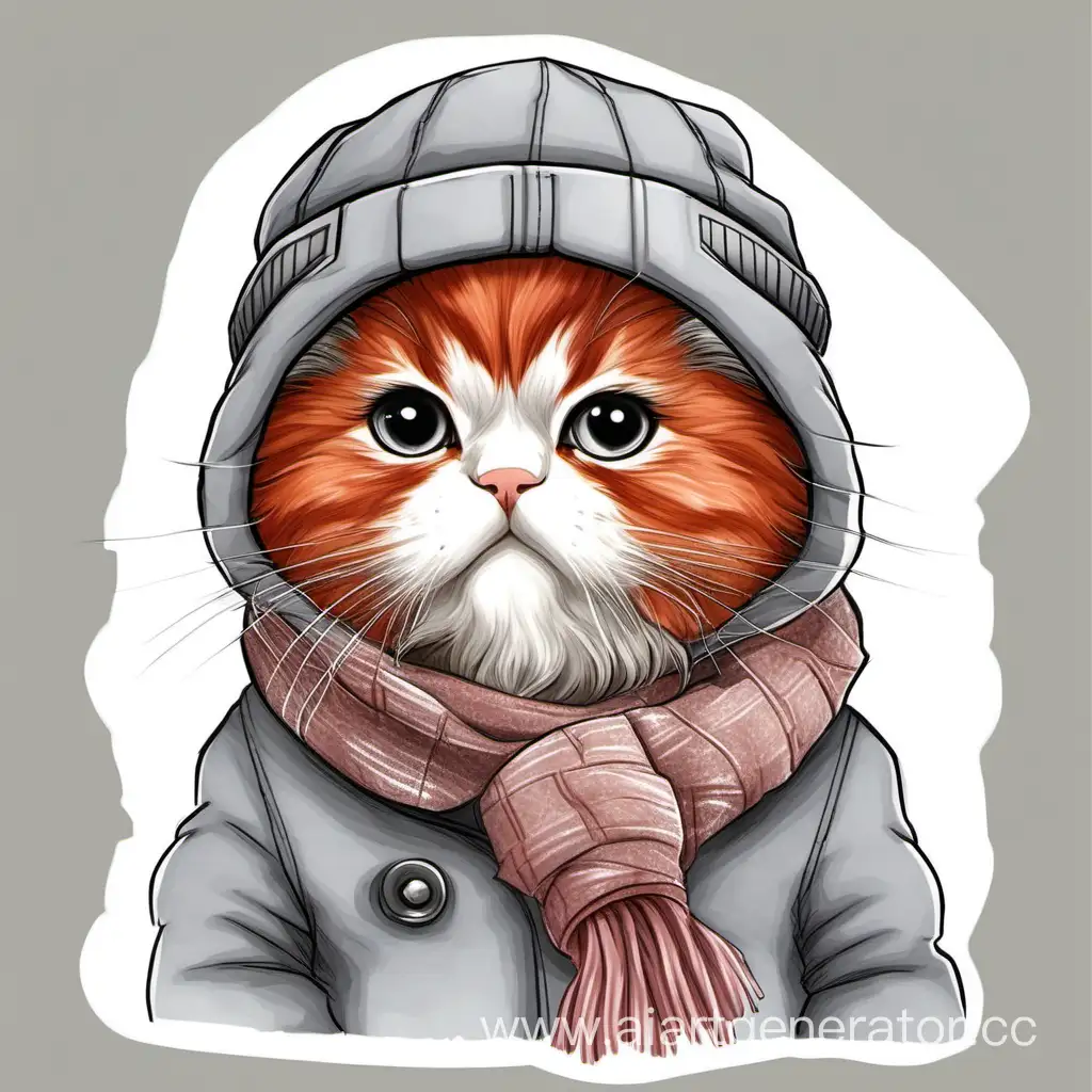 Serious-Red-Persian-Kitten-in-Gray-Coat-Scarf-and-EarFlap-Hat