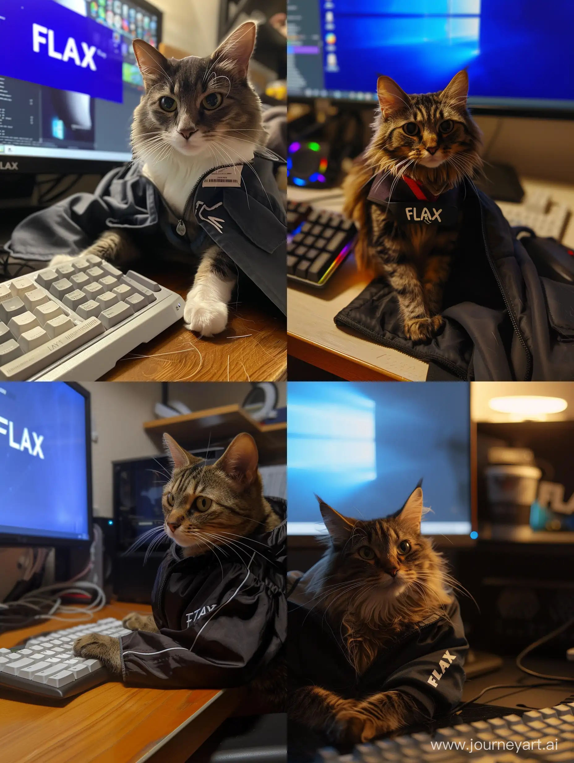 the cat is sitting at the computer and has the inscription “FLAX” written on his jacket