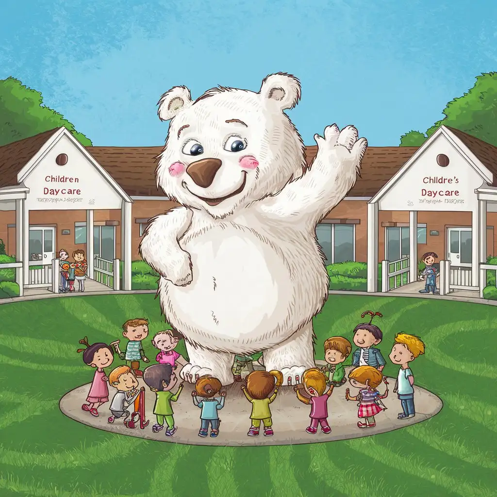 Здание детского сада большой белый медведь умка с зелёным газоном и с двумя корпусами 