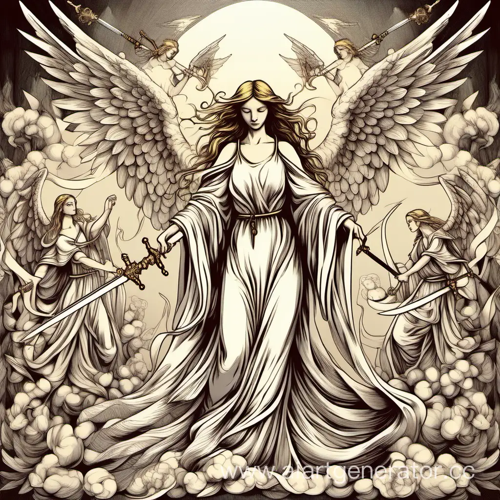 beautiful thin elegant femine Angels with wings fight demons with magic and swords