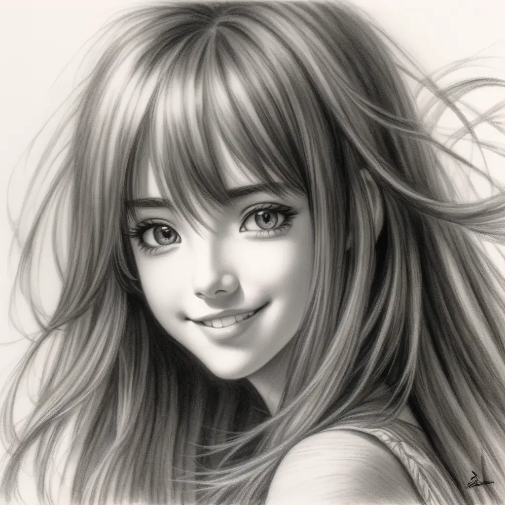 Captivating Charcoal Portrait of a Smiling Anime Woman in Tank Top