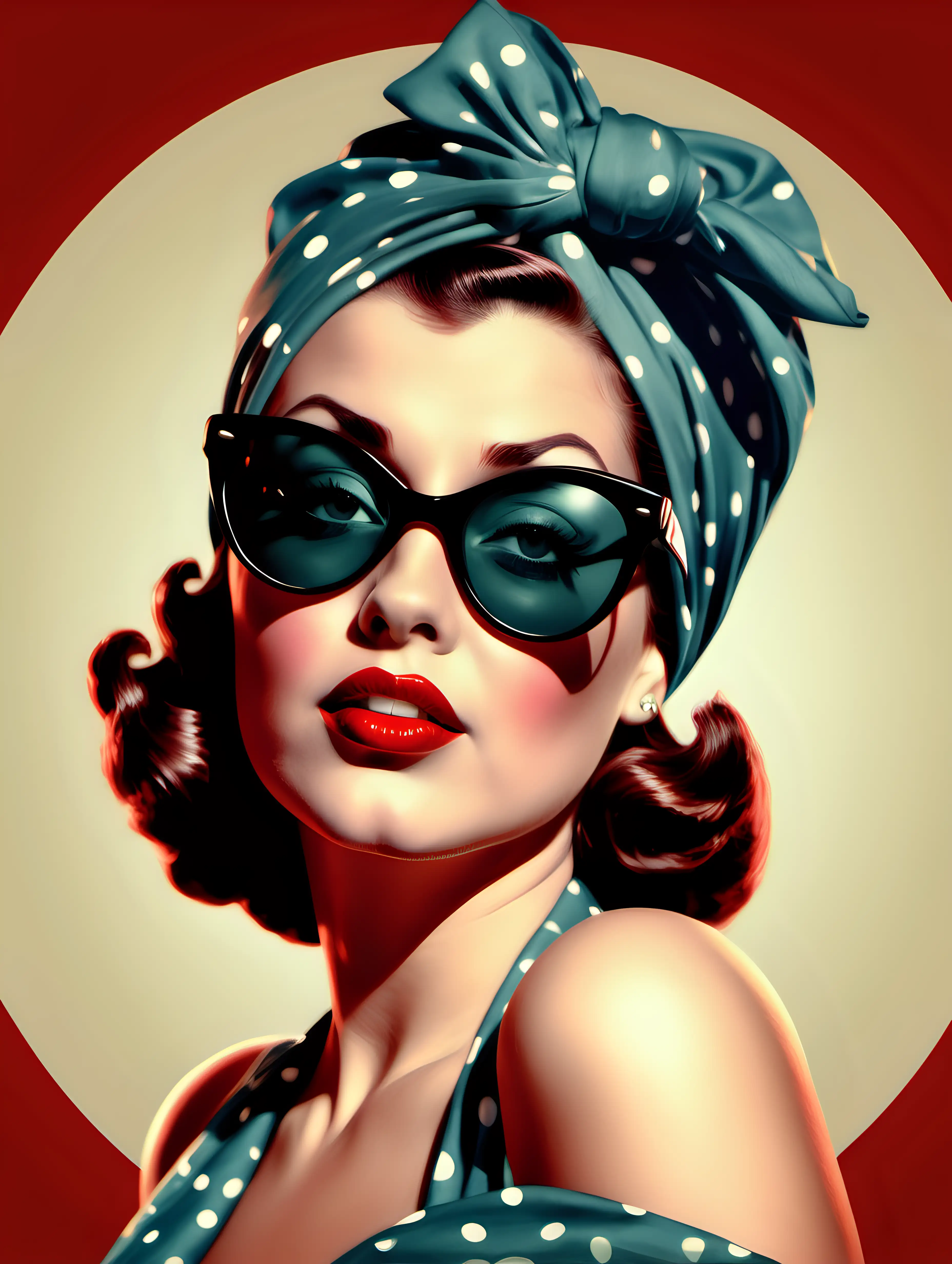  Woman with flare and a determined look, in a sassy pose, red glossy lips, big dark sunglasses and a head scarf Hollywood style. Hollywood Pinup style of the 1940's. vintage. circle behind the womans head. illustration