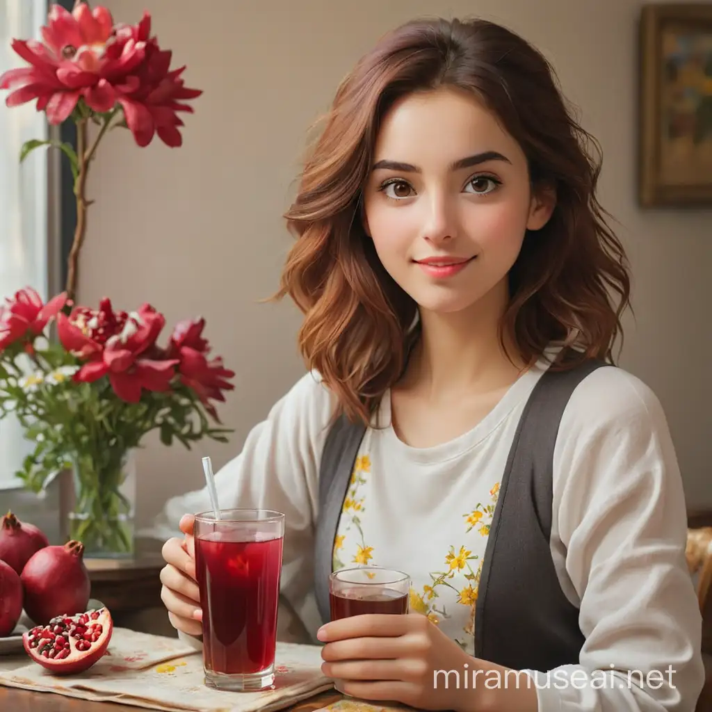 Girl Enjoying Pomegranate Juice and Chamomile Tea