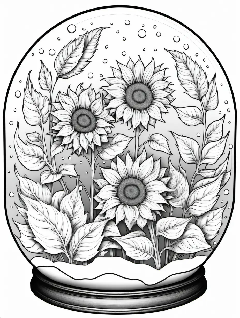 sunflowers coloring book, snow globe framed, detailed individual leaves, black and white, no shading, no background, thick black outline
