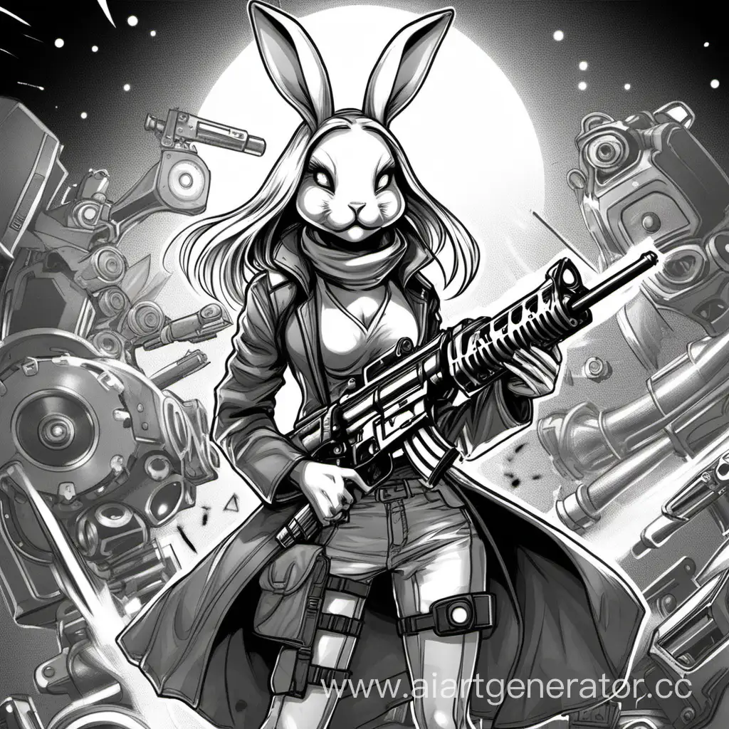 нарисуй персонажа женщину заяц с магическим пулемётом
