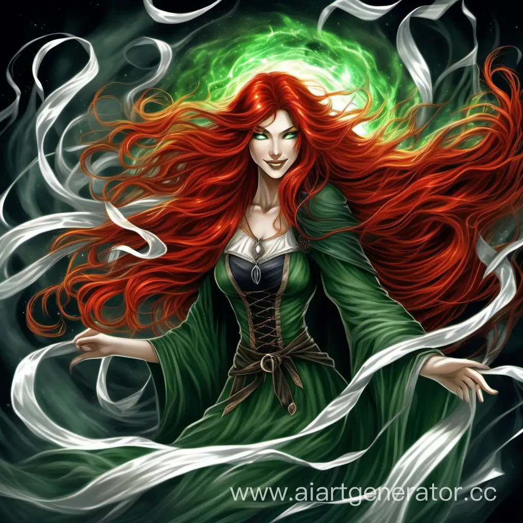 красивая ведьма, длинные рыжие волосы, развеваются на ветру, глаза светятся внутренним зеленым огнем, загадочная улыбка, в волосы вплетены белые ленточки, властная, высокое качество, высокая детализация