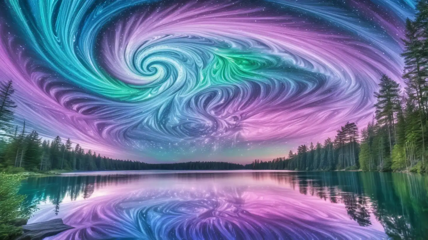 Enchanted Lake and Celestial Skies with Vivid Blue Verdant Green Lavender and Rosy Pink Swirls
