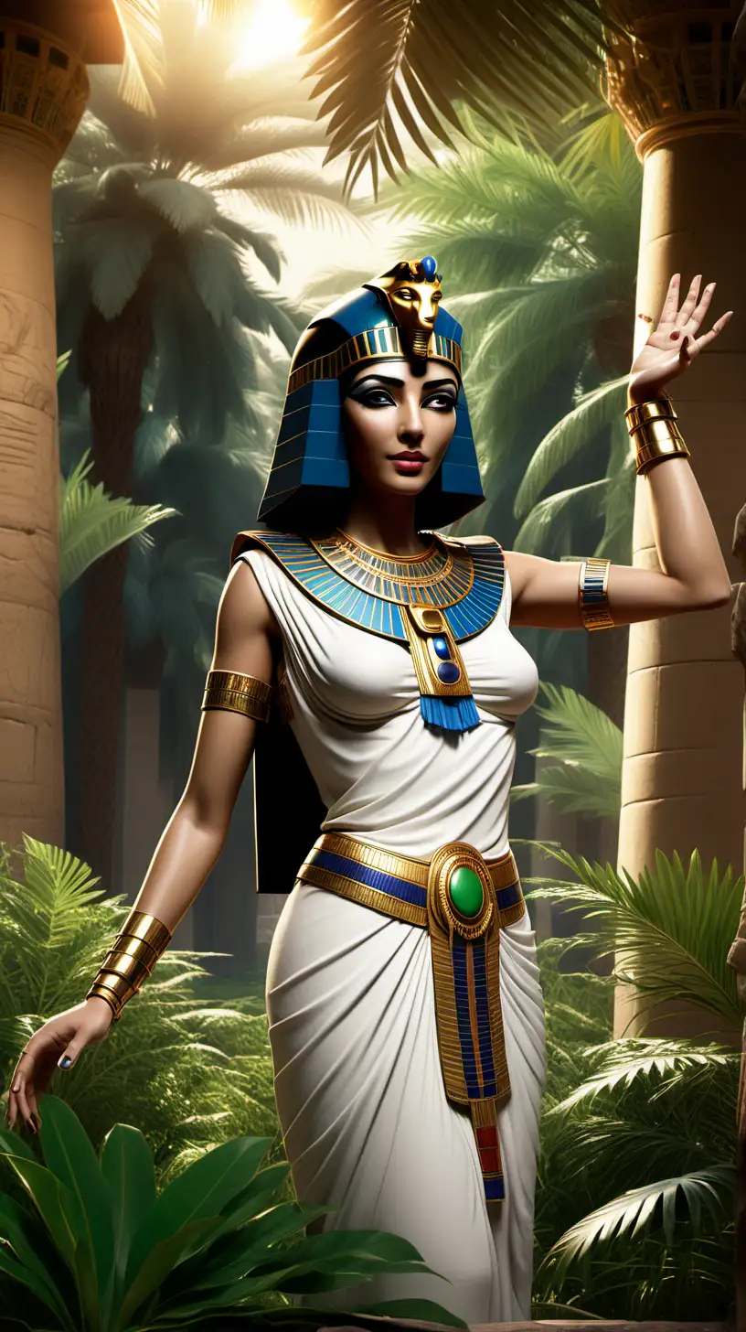 Cleopatra, the last pharaoh of Egypt, is charming and surrounded by greenery and trees
