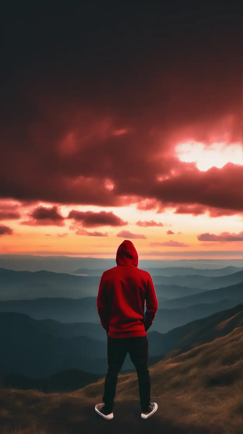 Solitary Figure in Red Hoodie Gazing at Majestic Sunset from Mountain Summit