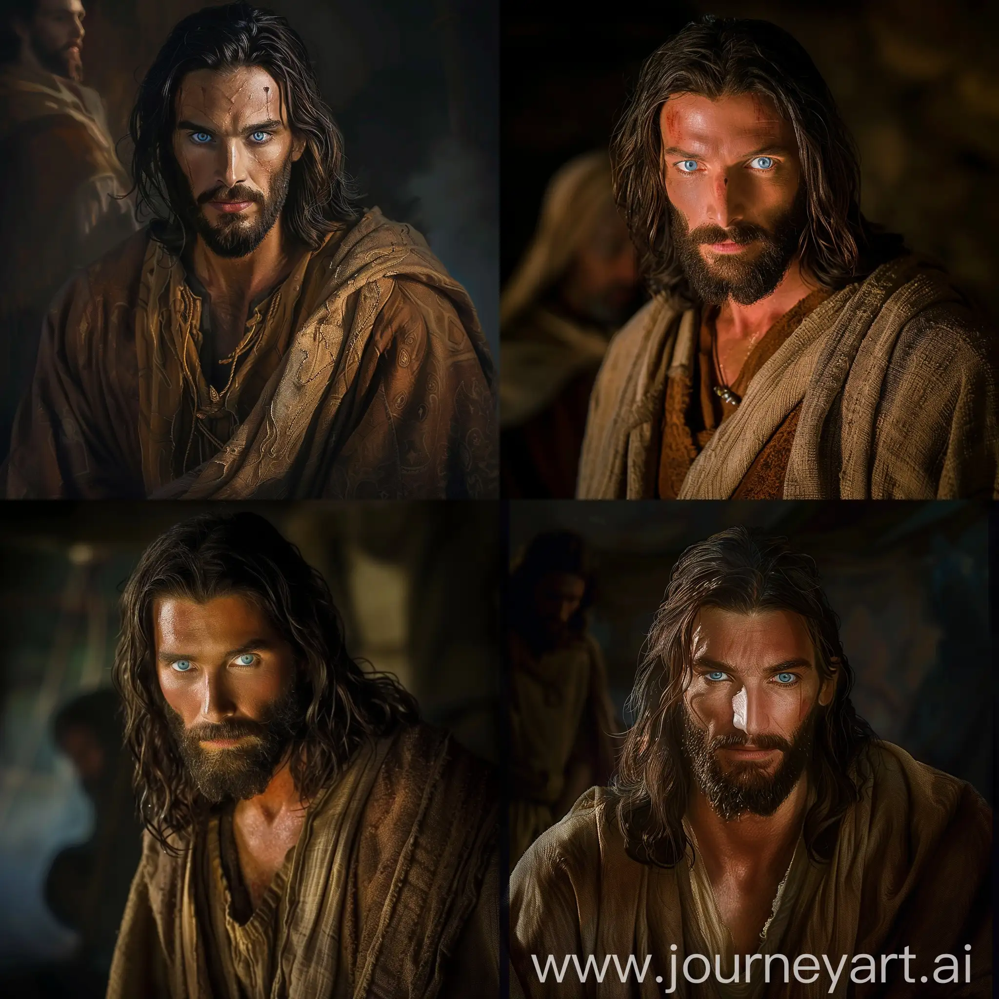 Sacred-Vision-Jesus-in-Brown-Robe-with-Piercing-Blue-Eyes