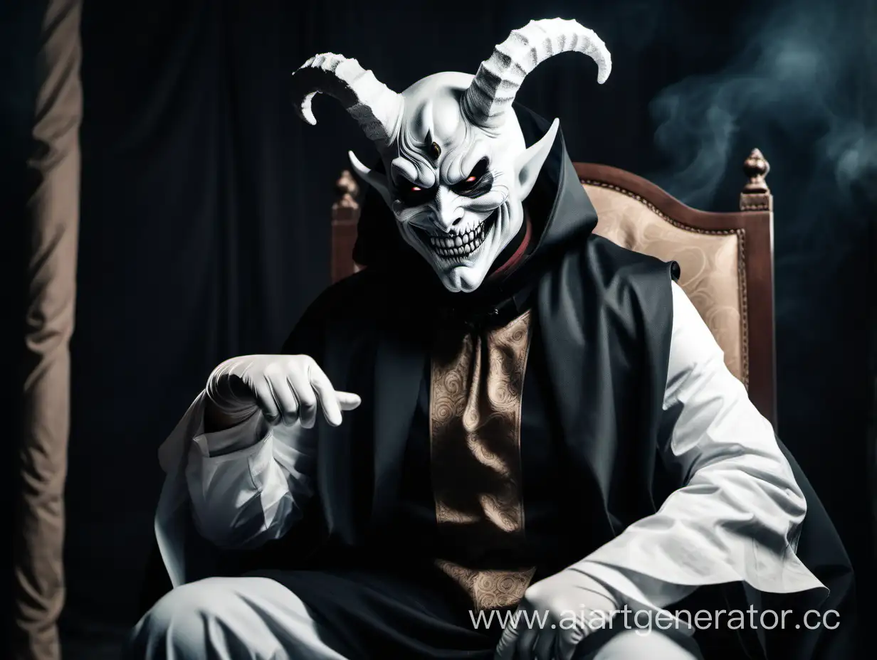 Демон с маленькими рогами, в белой маске с улыбкой ,в костюм и плаще,на руках белые перчатки, сидит в кресле, на фоне сукары