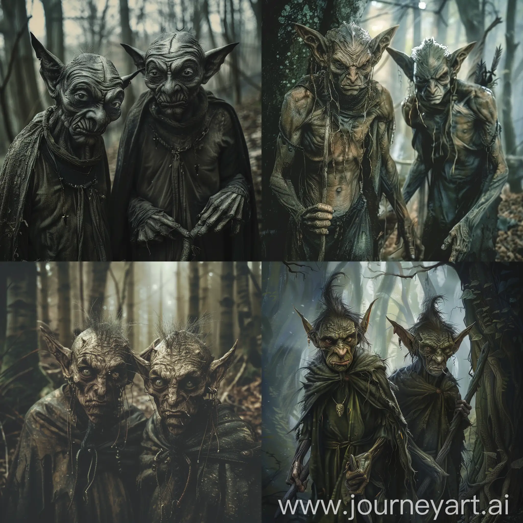 dark fantasy,two ugly half elves in the woods,scary  