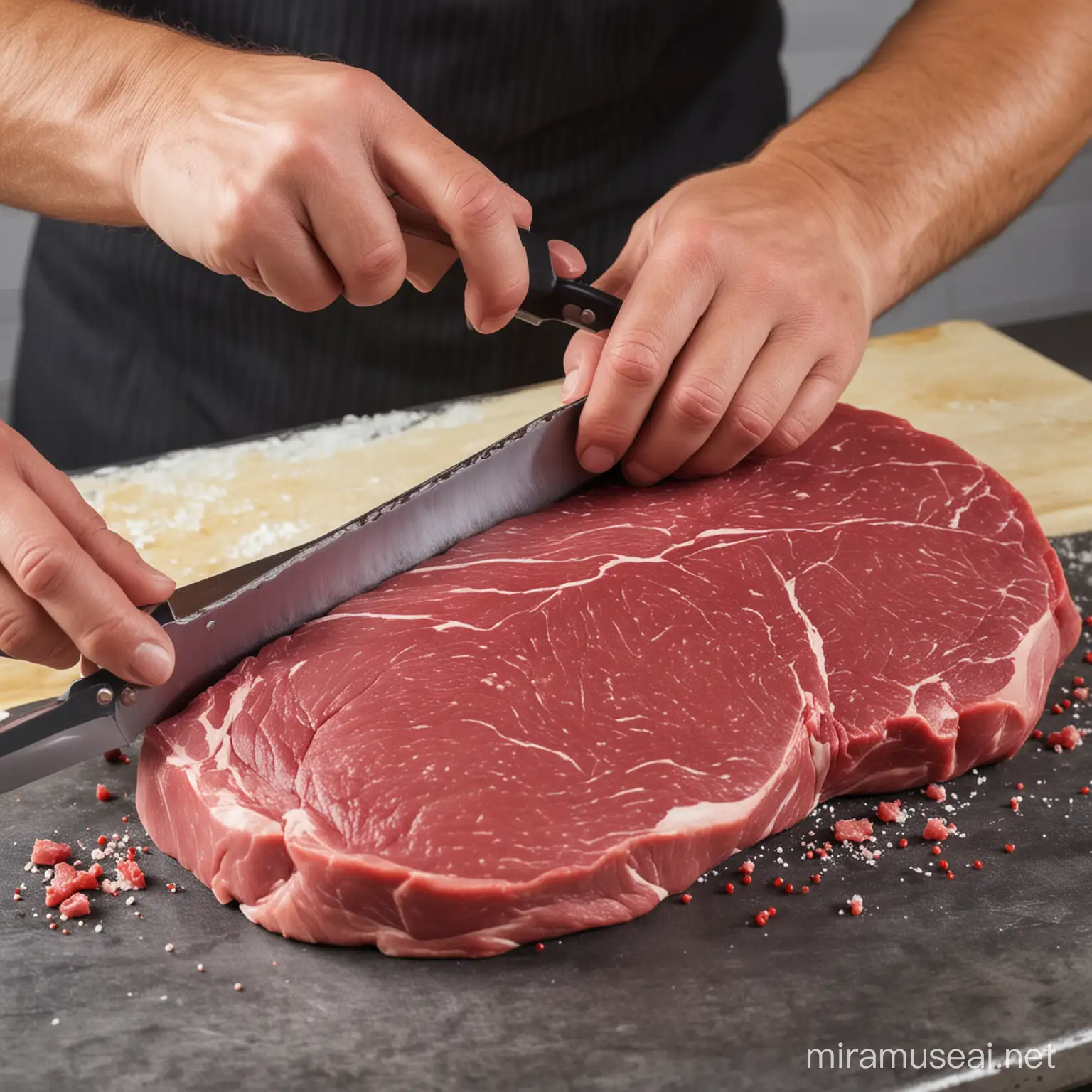 butcher cutting raw meat