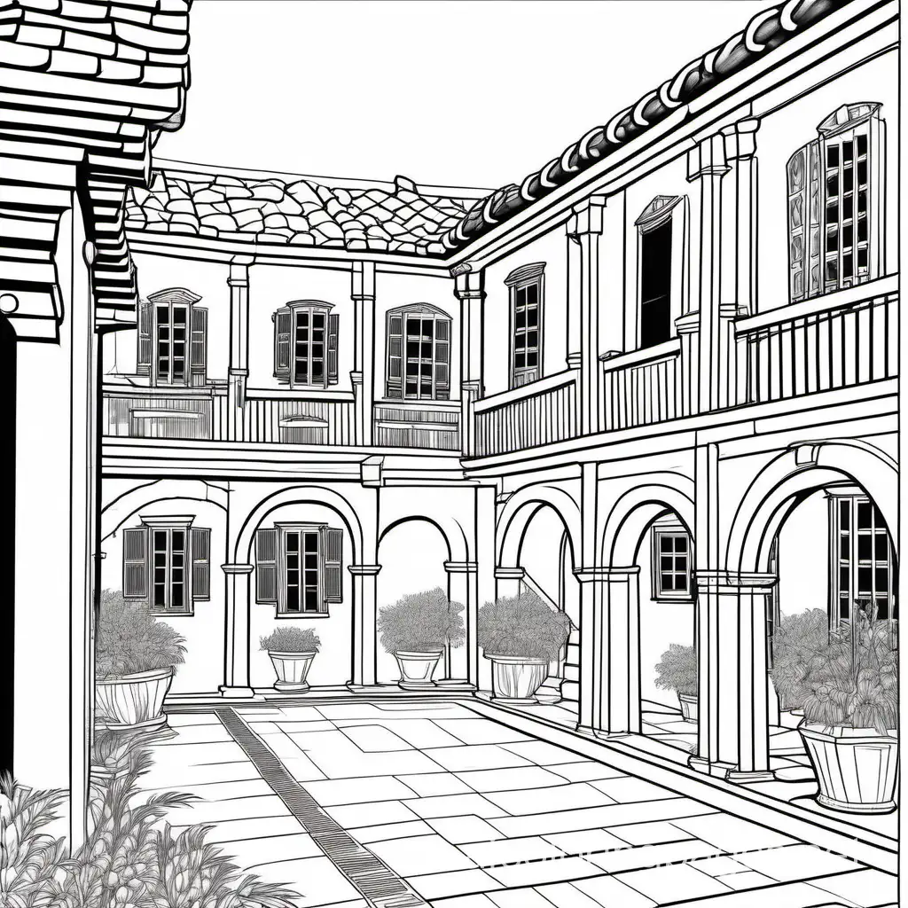 side view large ancient outdoor courtyard connected to house, Coloring Page, black and white, line art, white background, Simplicity, Ample White Space. The background of the coloring page is plain white to make it easy for young children to color within the lines. The outlines of all the subjects are easy to distinguish, making it simple for kids to color without too much difficulty