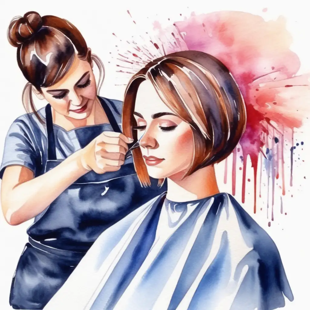 Hårfrisörska som klipper håret på en kvinna . Med vattenfärg 