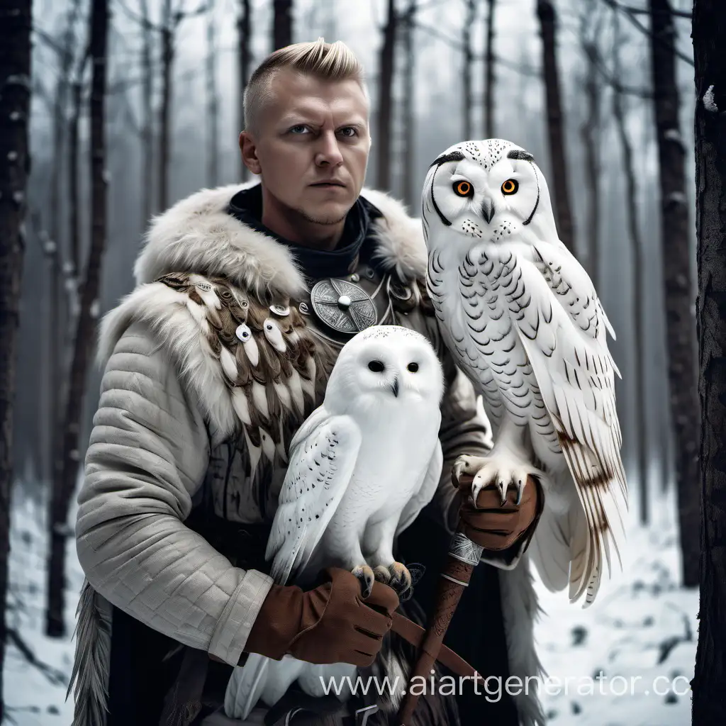 Скандинавский воин стоит с белой совой сидящей на руке в лесу зимой