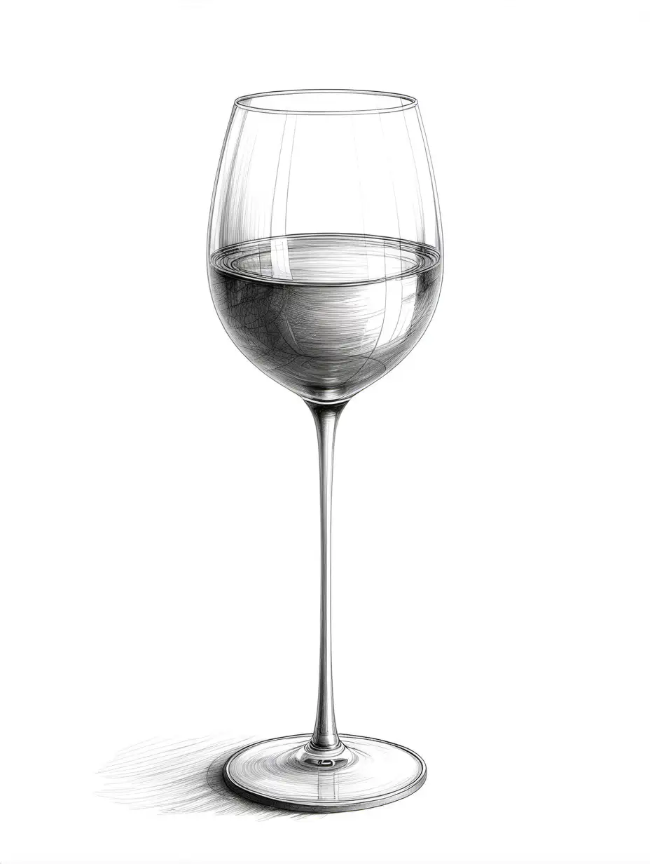 Detailed pencil sketch of isolated wine glass on white background contained within frame and Do not crop