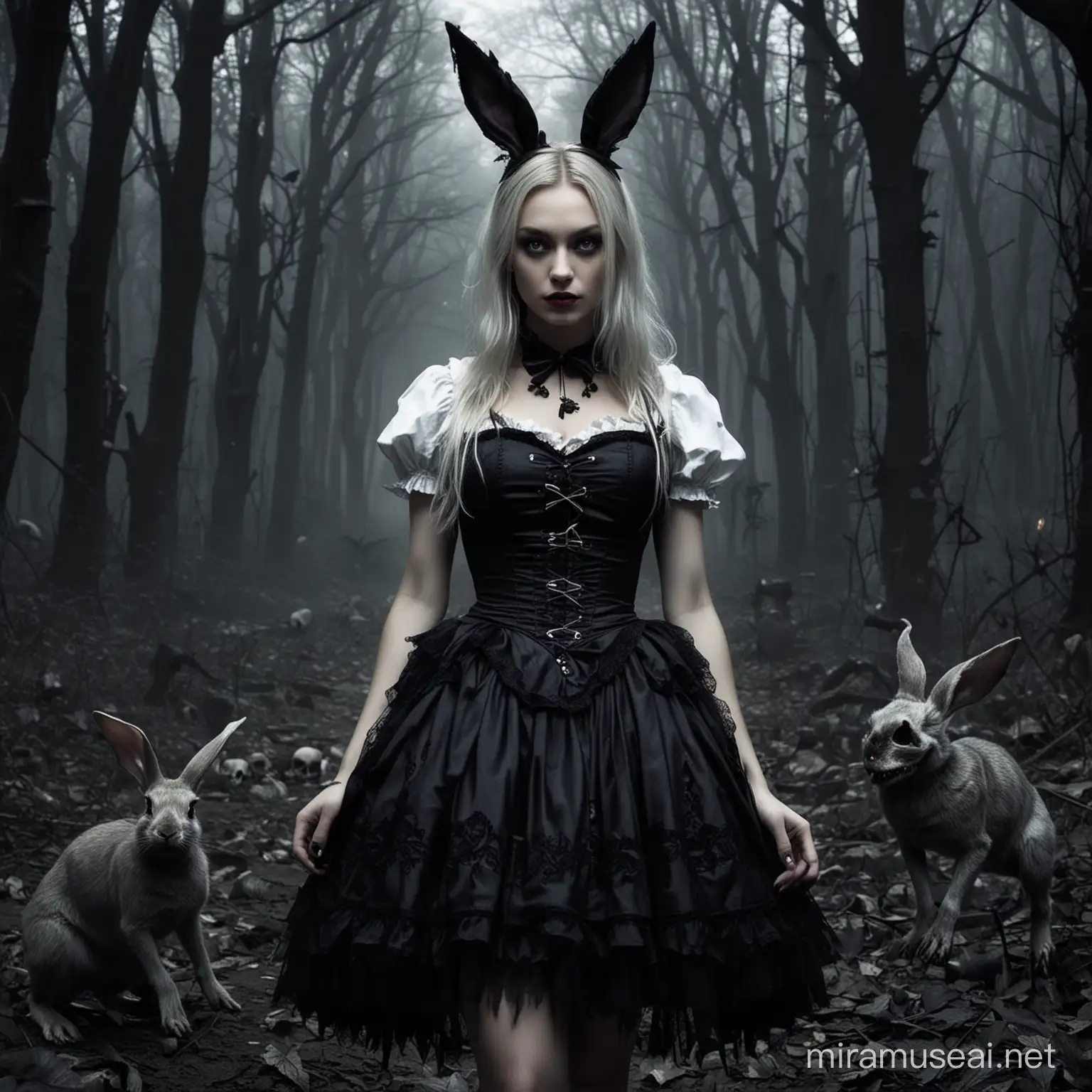 Dark Gothic Alice in Wonderland Encounter with Killer Rabbit and Skulls