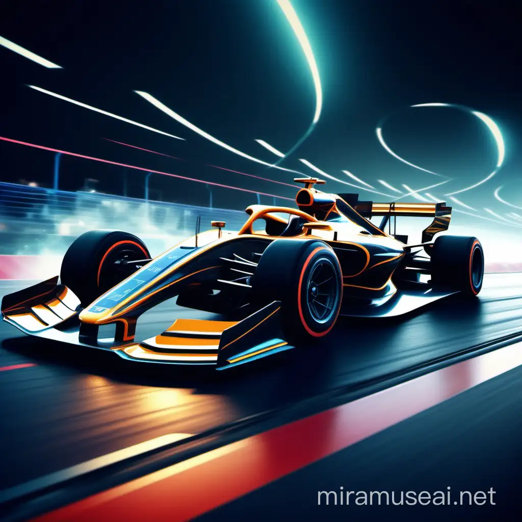 Generate an image of a futuristic Formula One car racing on the track. The car should have sleek, aerodynamic lines, advanced technology integrated into its design, and futuristic elements such as glowing lights or holographic displays. The track should be a high-tech circuit with smooth surfaces, surrounded by futuristic cityscapes or landscapes. The car should be in motion, showing dynamic speed and agility as it navigates the track. Ensure that the overall composition is visually striking and conveys the excitement and intensity of futuristic racing.