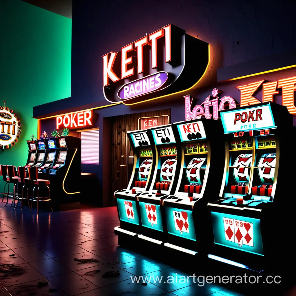 сгенерируй изображение на котором на фоне находяться игровые автоматы  и покерный стол и неоновая вывеска с надписью " keti"