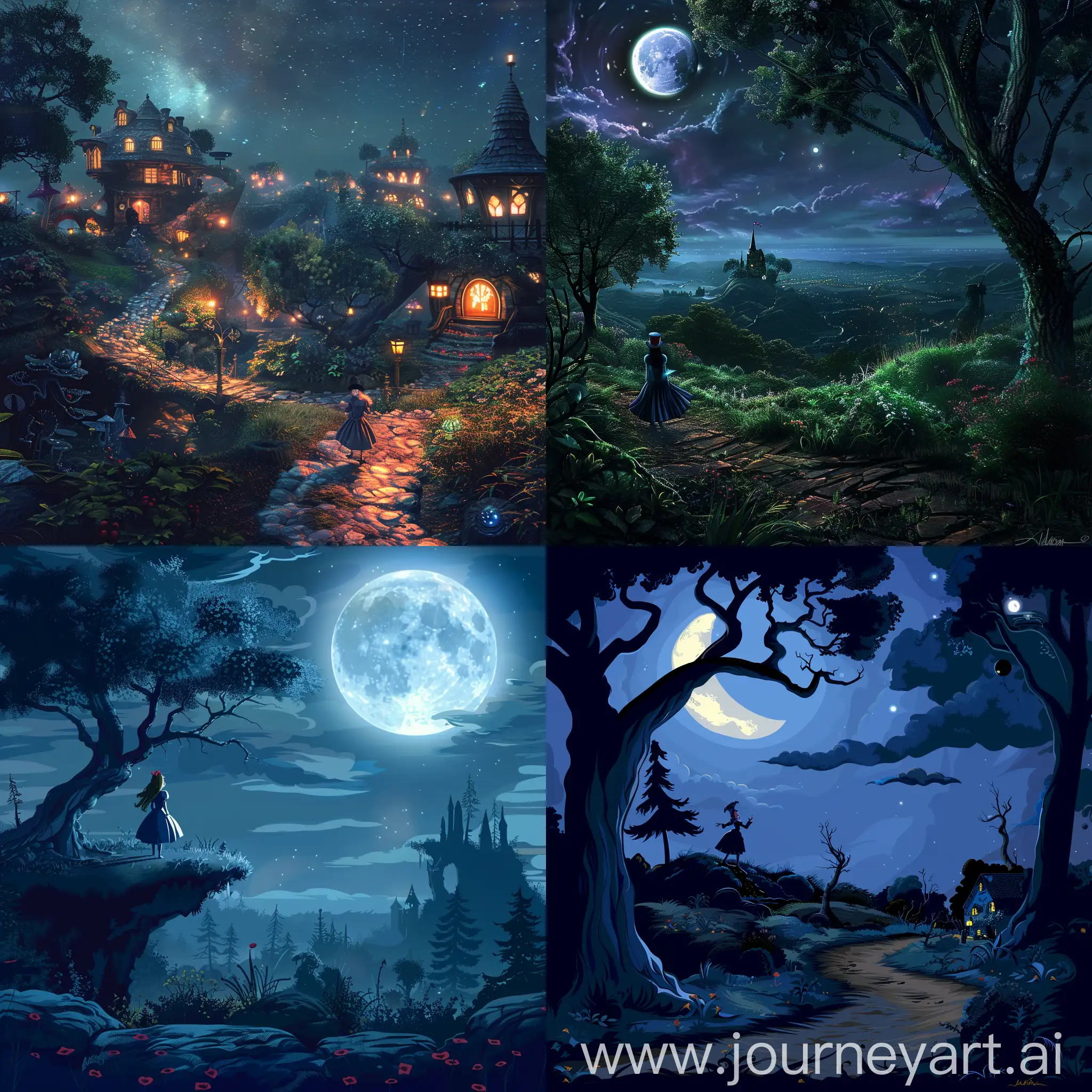 Alice in Wonderland type landscape without any character by night, high resolution