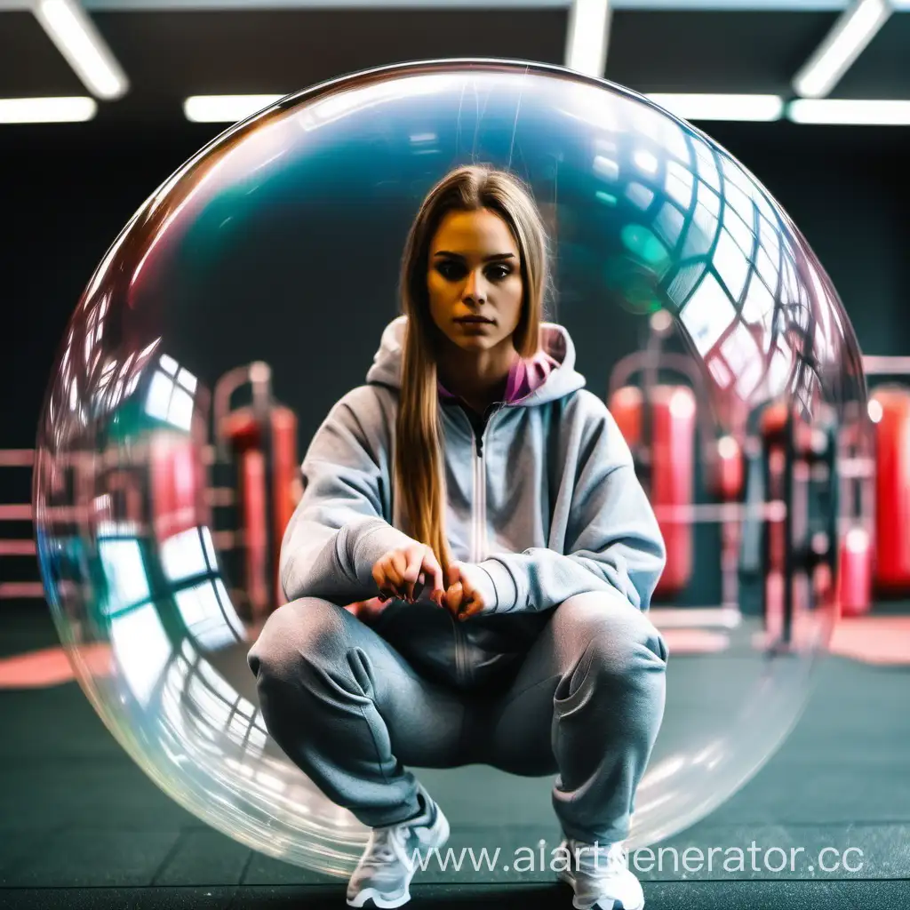 девушка в спортивном костюме в мыльном пузыре на фоне тренажерного зала
