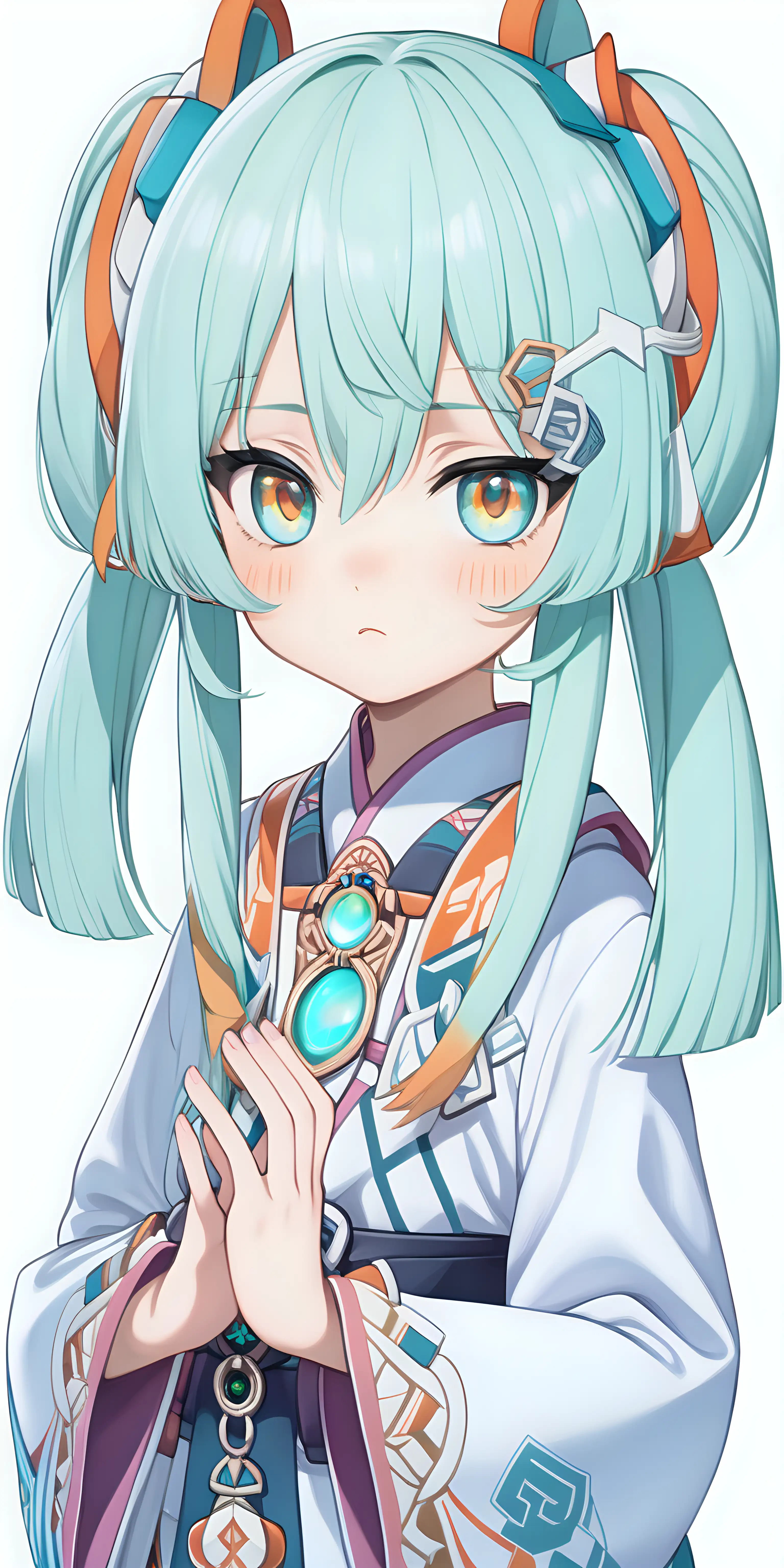 Vtuber Head character sheet design facing the front side. Cute anime girl with white hair on the sides and a twin pony tail. Cute Eyes shape ovoid with ovoid green pupils with complex pattern inside of cyan and orange colours mixed. And is portrayed as an Anime Pure Cute Brat, embodying the essence of a divine being. The character is designed with a focus on purity and cuteness, reflecting the anime aesthetic. Her outfit is a crucial aspect, featuring sacred holistic attire that symbolizes her connection to the divine. The clothing is adorned with intricate details and symbols representing knowledge, life, and Gnosis. The use of vibrant colours and unique styling adds a visually appealing dimension to the character.