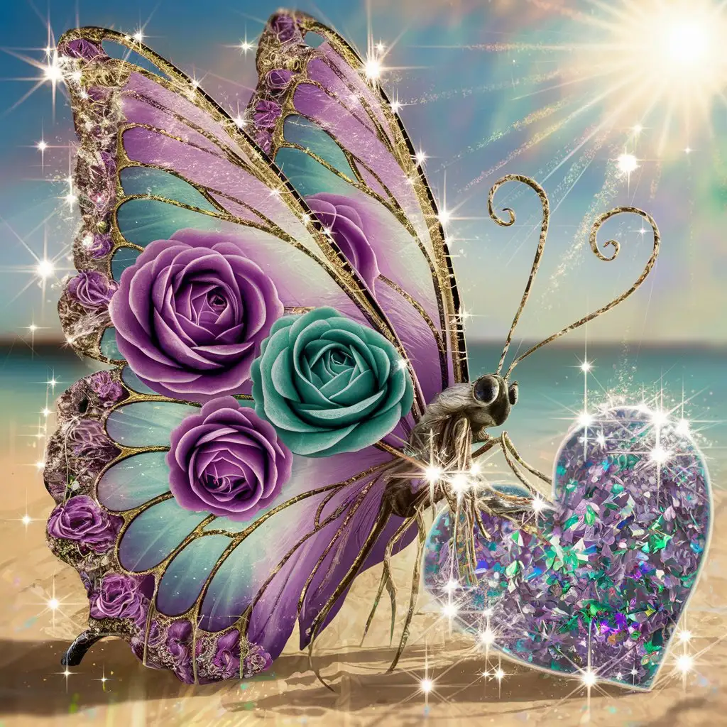 Radiant Butterfly with Purple and Teal Roses on Sunny Beach