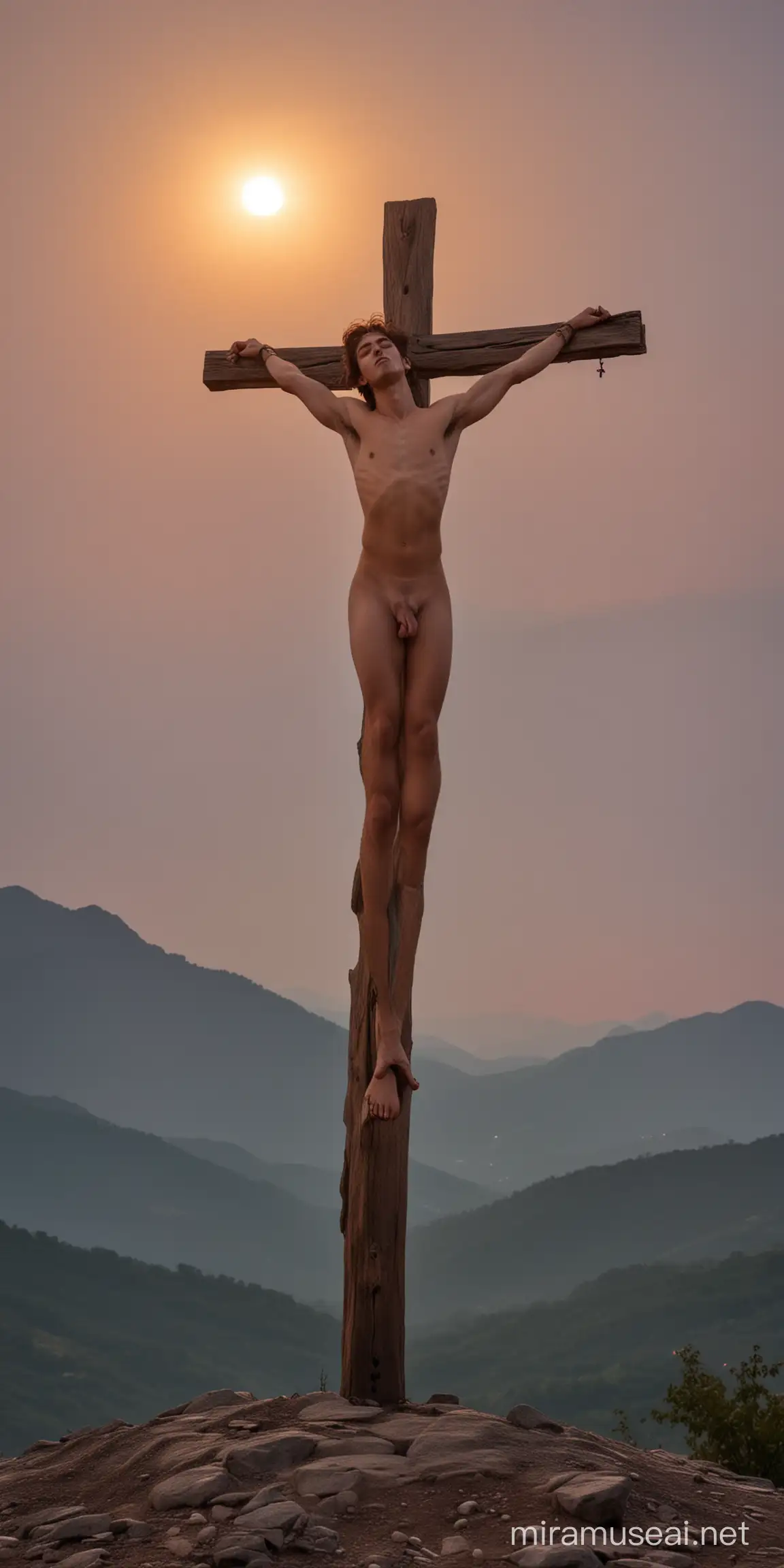 Rapaz crucificado (pregado na cruz) sem nenhuma roupa, pelado, sem panos, nu, visão frontal, ambiente montanhoso, eclipse solar (lua encobrindo o sol) iluminação de anoitecer, colorido.