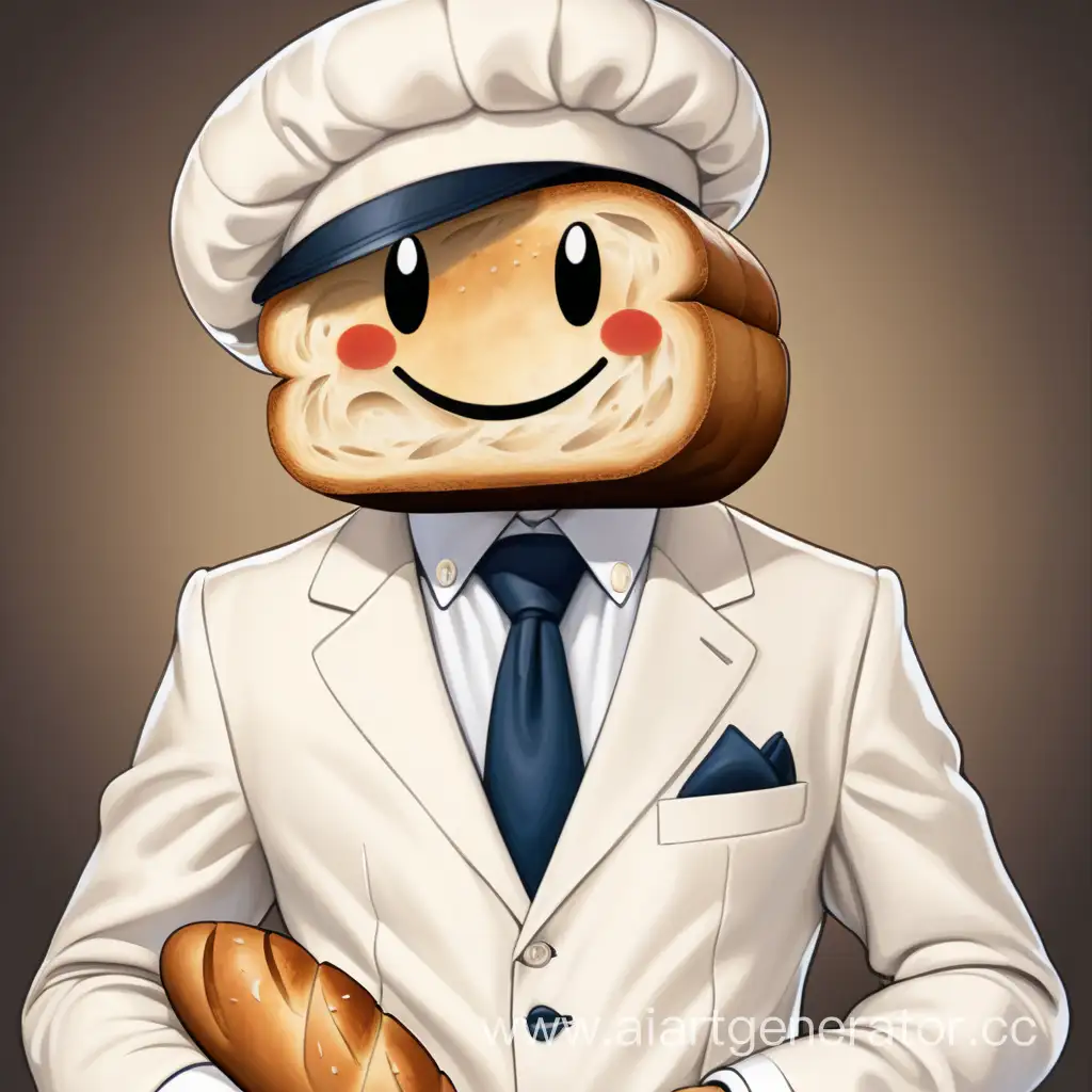 Хлеб улыбается, он в белом костюме и шляпе