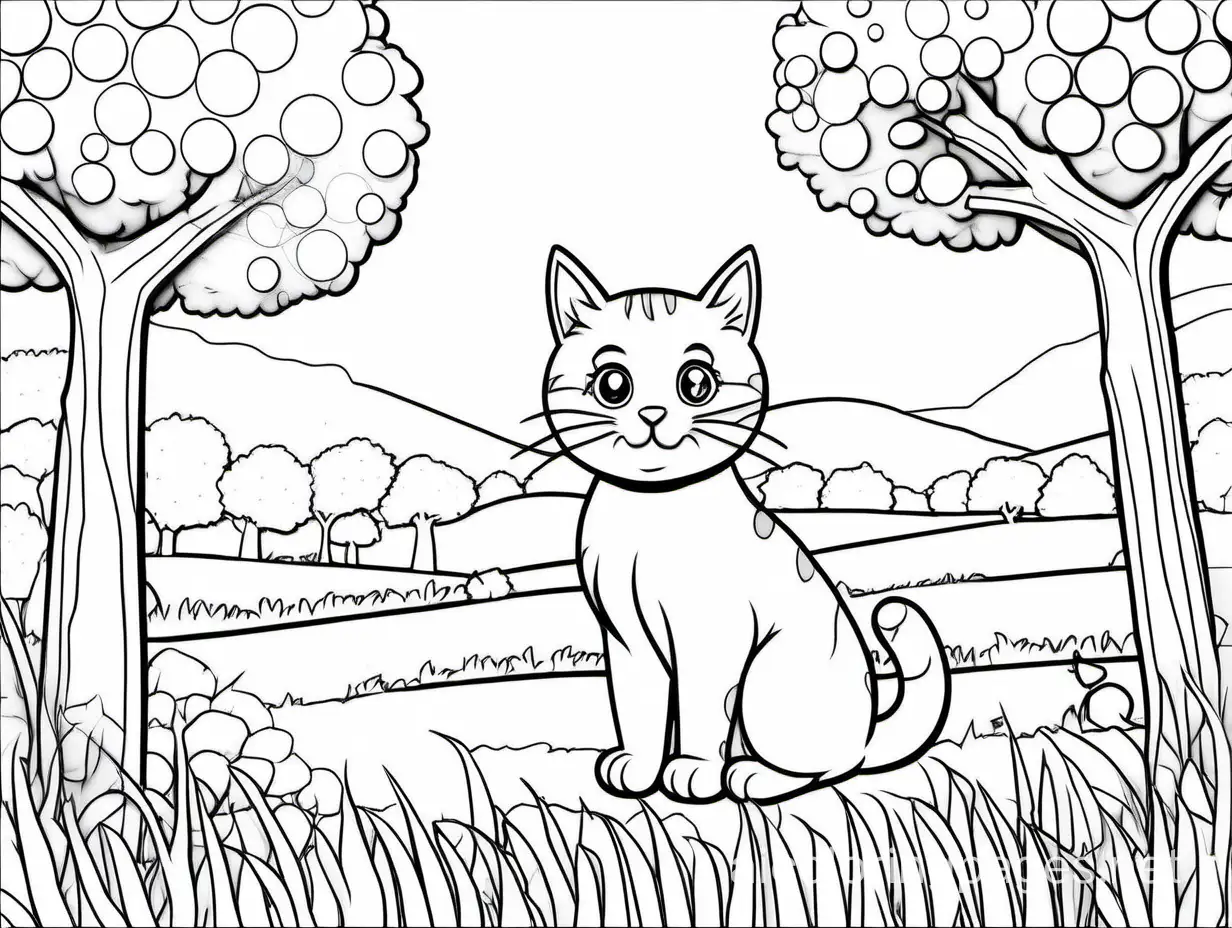 Adorable-Cat-DottoDot-Coloring-Page-in-a-Serene-Field-Setting
