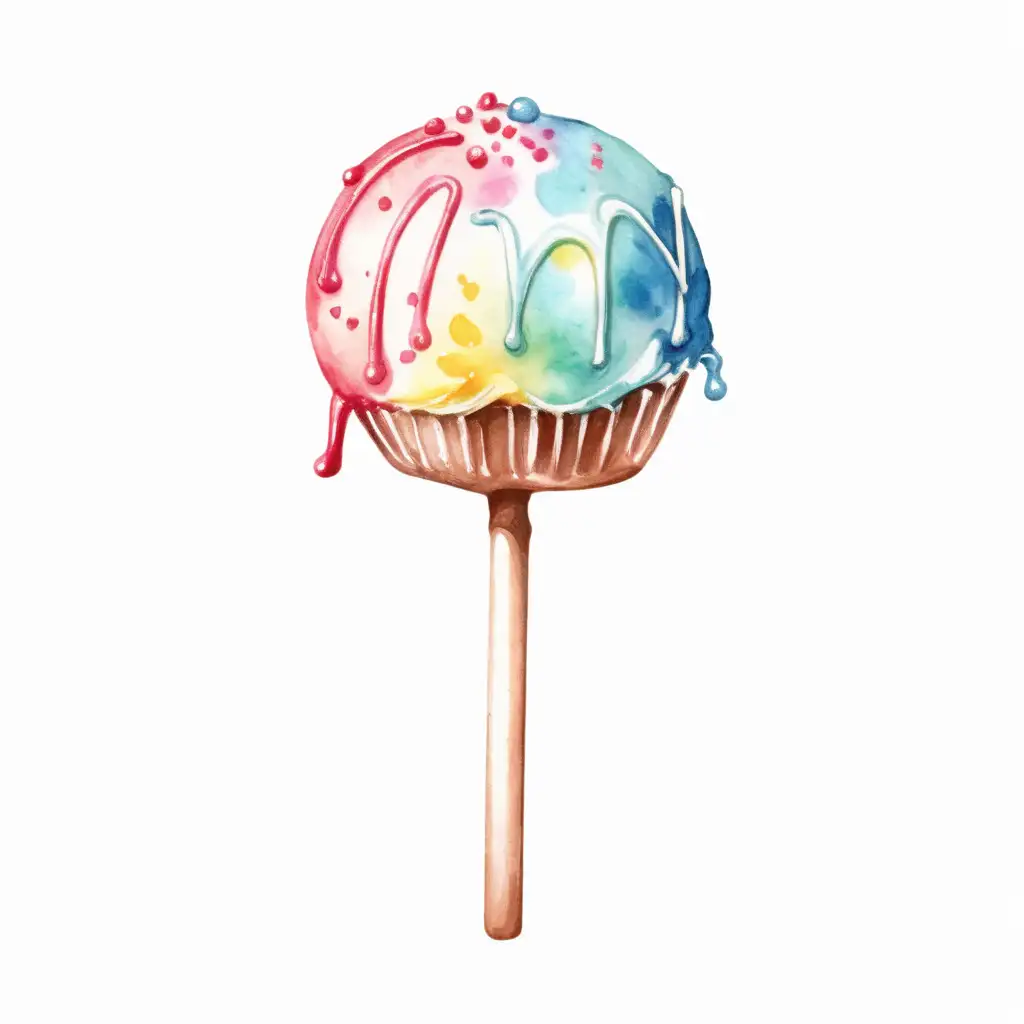 Watercolor styled, single cake pop with stick, with no background