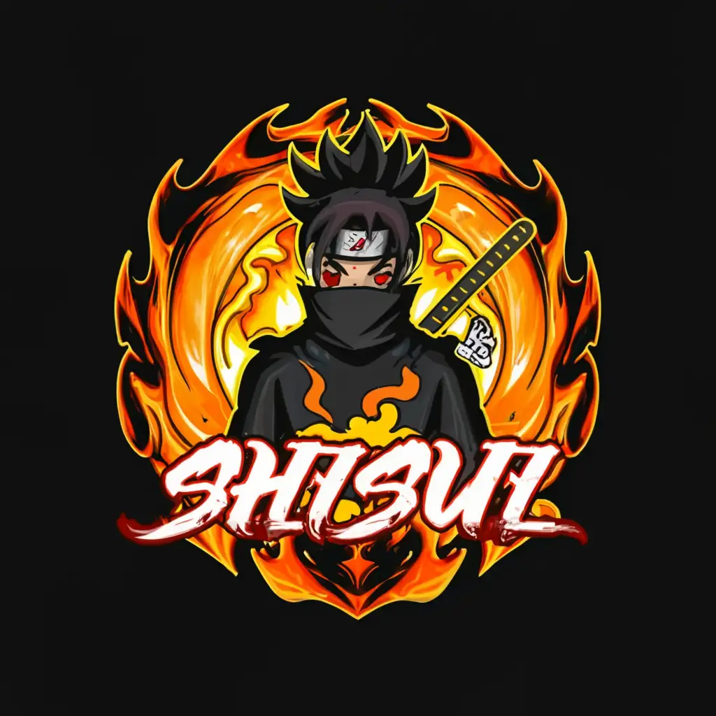 a logo design,with the text "ShISuI", main symbol:Anime Dark Ninja Red Eyes flame elements,complex,clear background