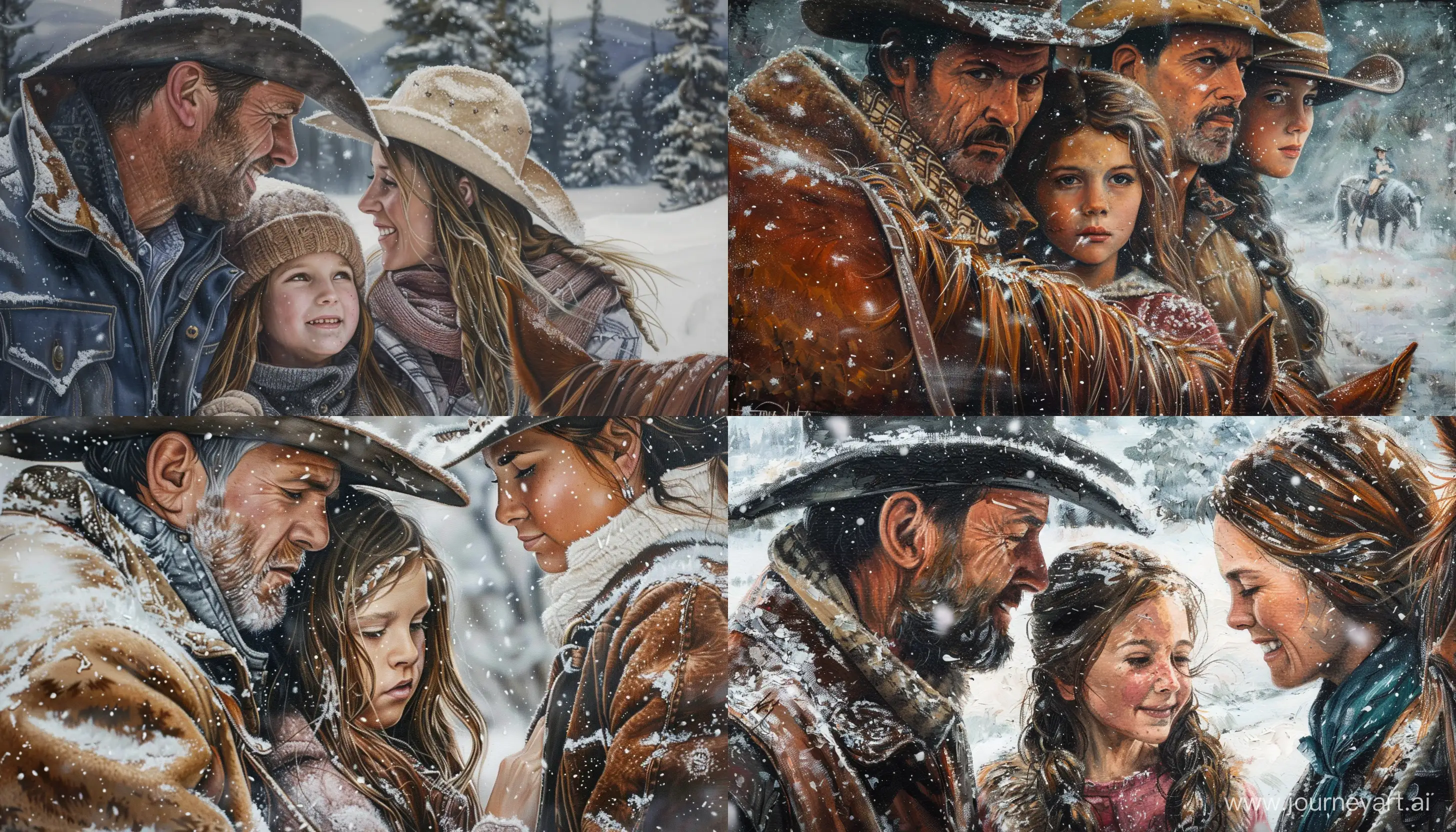 Rrealistic painting  a close up family dad and mom and daughter from cowboy era  in landscape snow in western countries  horse focus highly detailed --ar 7:4