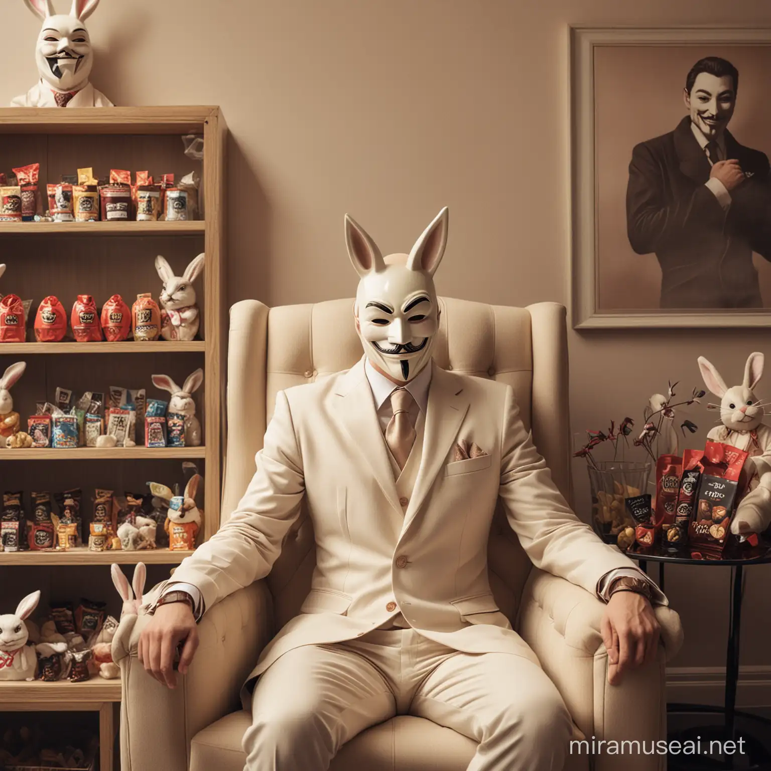Homem sentado em uma poltrona, usando máscara do anonymus (v de vingança) vestindo um terno de cor clara. Ao redor, dois coelhos da páscoa e no fundo uma vitrine com chocolates e ovo da páscoa. No teto uma luz leve.