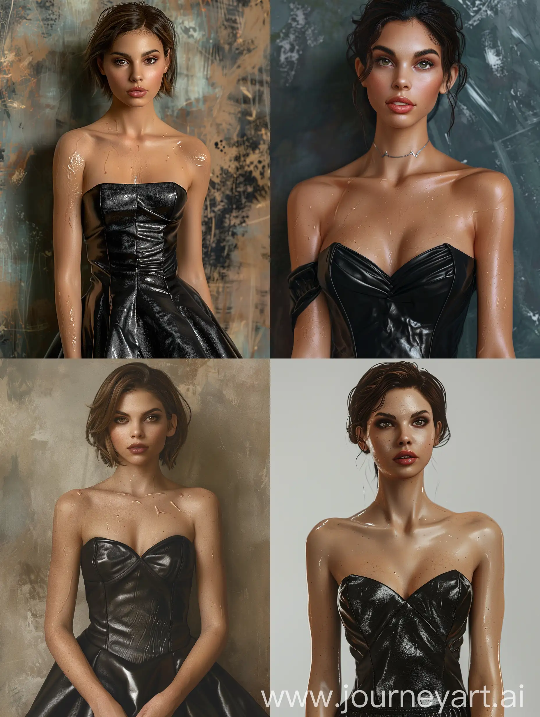 Victoria Justice in a black leather strapless dress, photorealism, skin texture, pores, hdr