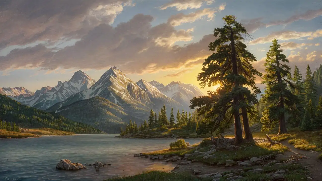 Beautiful mountain scene, a peaceful lake, fir trees , dramatic sky, late afternoon light, small sun star in tree, snow on mountain tops only.