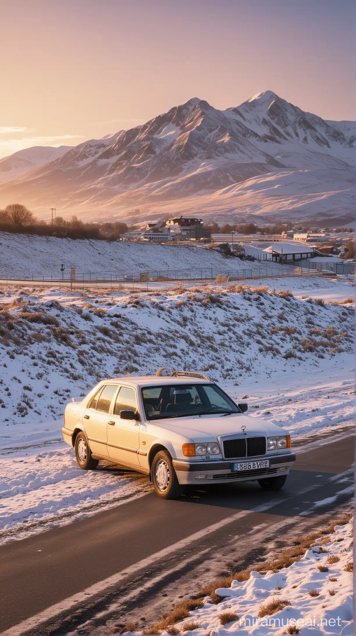 Professional photography. A 1995 Mercy boxer E220 W124 stopped on an empty intercity road. Sunset. Mountain with snow on its summit as background