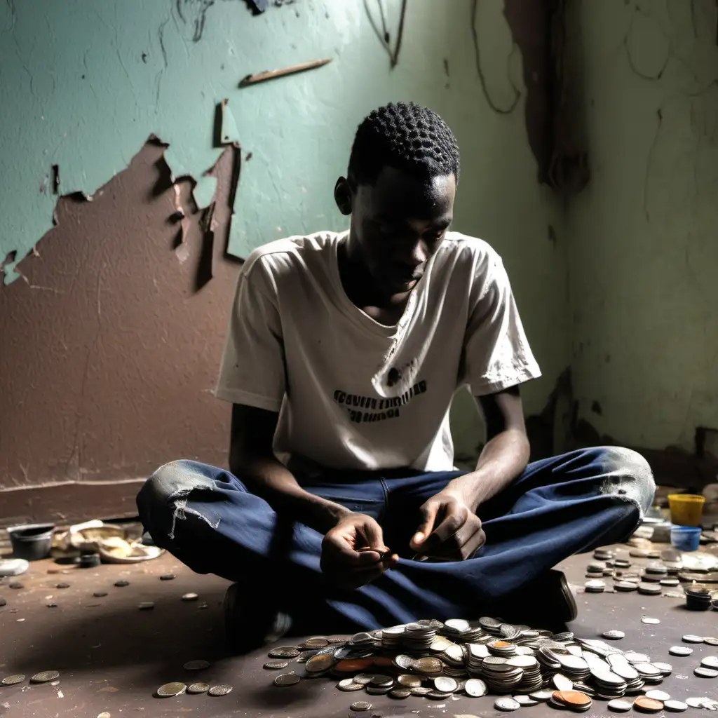A black african young man in a dilapidated room, sitted down on the floor counting some coins