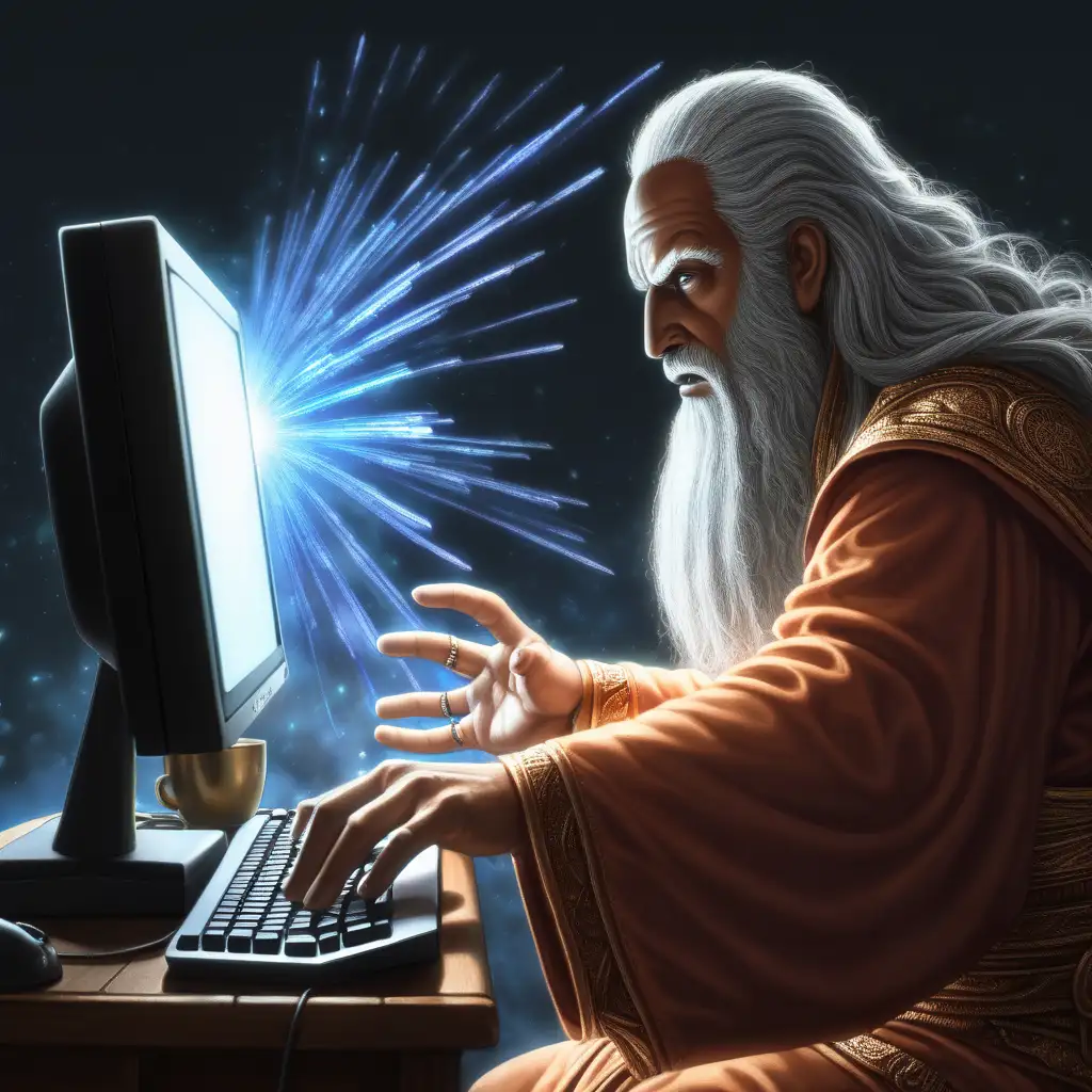 Deity at Computer Ready to Delete Keyboard
