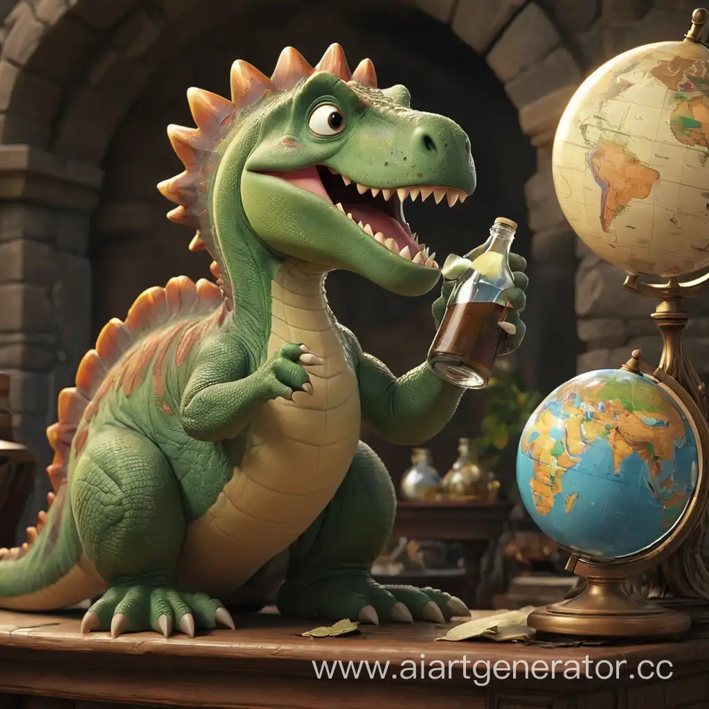 Cartoon-Dinosaur-Contemplating-World-Exploration-with-a-Globe-and-Bottle