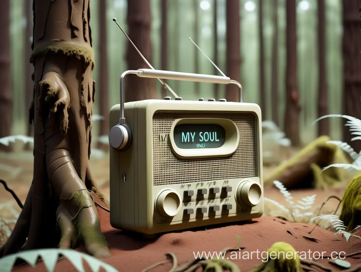 Радио, стоящее в центре леса в котором написана надпись MY SOUL
