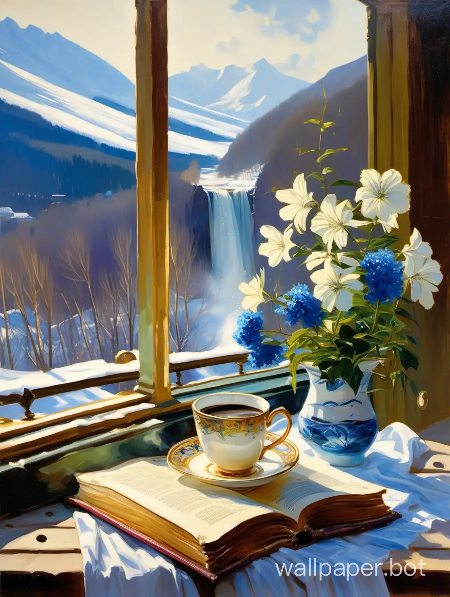 Vladimir gusev Oil painting of a cup of coffe with closed book on a shelf , outside view of a winter mountain and waterfall with blue & white flowers