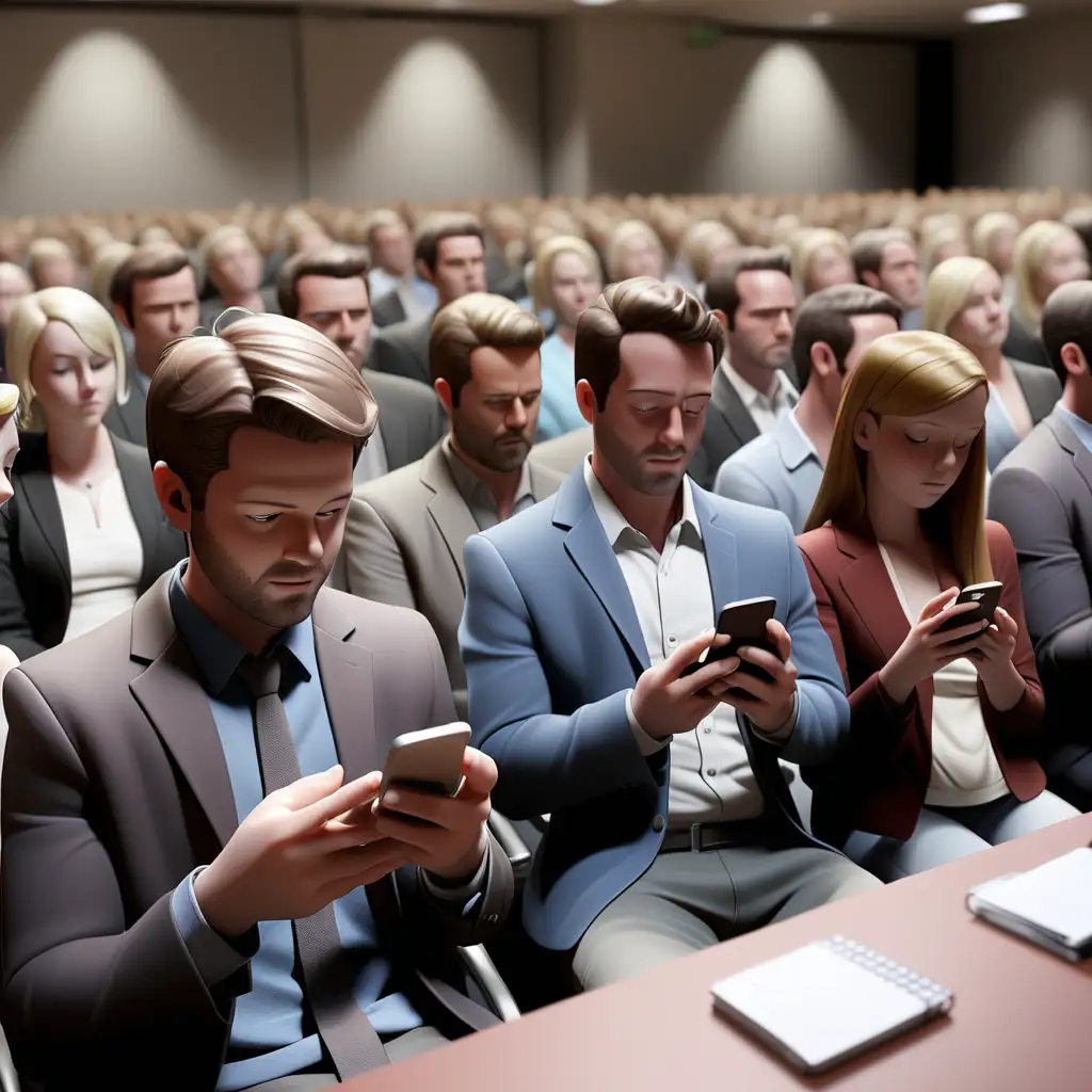 a meeting room, the people in the audience are all looking at their cellphones
