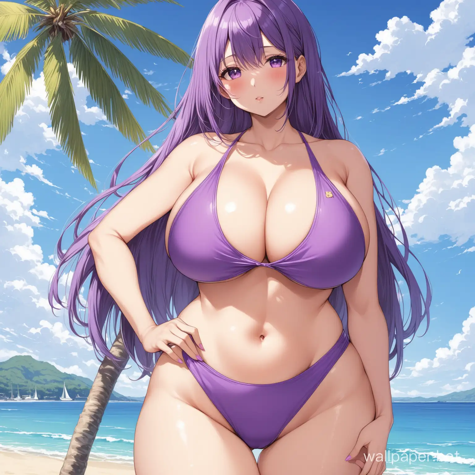 Девушка, в фиолетовом купальнике, большая грудь, широкие бедра